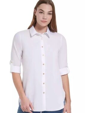 CALVIN KLEIN Classic White Button-Up Roll-Sleeve Women's Shirt